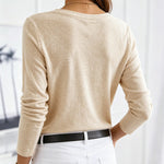 Women's V-Neck Button Decor Knit Top Long Sleeve Slimming Tee with Chest Pocket Casual Soft Pullover
