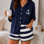 Women's 2 Piece Pajama Set Anchor Print Notched Collar Top and Striped Shorts Casual Loungewear Set