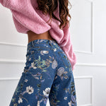 Women's Vintage Floral Printed Baggy Denim Pants Casual High Waisted Cropped Barrel Jeans
