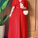 Overlap V-Neck Asymmetrical Ruffles Cape Design Cinched Waist Maxi Dress Elegant Shirred Back Evening Dress without Belt