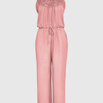 Women's Halter Jumpsuit Lace Trim Backless Overalls Tied Detail Wide Leg Jumpsuit with Pockets