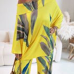 2 Pieces Outfit Plants Print Cold Shoulder Batwing Sleeve Top and Casual Wide Leg Pants Set