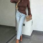 Women's Polka Dot Mesh Top Flare Long Sleeve Boat Neck Lined Asymmetric Frill Hem Blouse Vintage Party Shirt