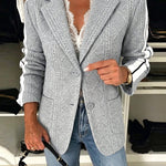 Women's Casual Knit Blazer Argyle Cable Jacquard Contrast Side Striped Coat Loose Fit Single Breasted Blazer