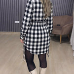 Plaid Print Turn-down Collar Button Down Dress Casual Shirred Back Side Drawstring Vacation Dress