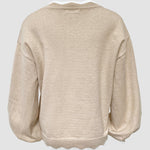 Women's Contrast Scallop Trim Knit Top V Neck Lantern Sleeve Loose Fit Casual Pullover Sweater