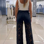 Guipure Lace Spliced High Waist Zipper Fly Wide Leg Washed Jeans