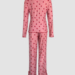2 Pieces Outfit Bowknot Decor Turn-down Collar V-Neck Top and Elastic Waist Slit Hem Pants Set Casual Strawberry Print Frill Trim Ribbed Pajamas Set