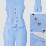 2 Pieces Outfit V Neck Button Front Flap Detail Vest Top and Casual Pockets Design Zipper Fly Elastic Back Waist Shorts Set