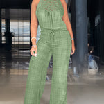 Women's Halter Jumpsuit Lace Trim Backless Overalls Tied Detail Wide Leg Jumpsuit with Pockets