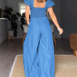 V-Neck Flutter Sleeve Cinched Waist Wide Leg Denim Look Overalls Casual High Waist Backless Shirred Back Jumpsuit