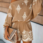 Women's Vintage Print Two-Piece Set Off-Shoulder Batwing Sleeve Top and High-Waisted Shorts Casual Vacation Set