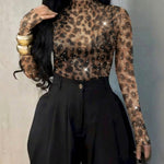 Rhinestone Decor Leopard Print Mock Neck Long Sleeve Tee Sexy Slim Fit Sheer Top