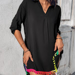 Turn-down Collar Roll Up Sleeve Tassel Hem Pompom Side Slit Straight Dress Casaul Dress