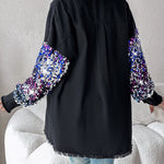 Colorblock Sequin Patchwork Long Sleeve Jacket Top Button Front Raw Hem Shacket