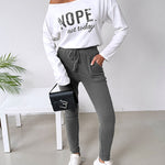 2 Pieces Outfit NOPE. not today Slogan Print Skew Neck Long Sleeve Pullover Top and Casual Drawstring Stretchy Waist Slim Fit Pants Set