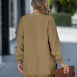 Letter Patch Detail Long Sleeve Drop Shoulder Pullover Sweatshirt Casual Zipper Side Slit Top