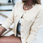 Women's French Style Cropped Jacket Round Neck Gold Button Coat Argyle Cable Jacquard Knit Outerwear