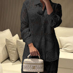 2 Pieces Outfit Jacquard Floral Turn-down Collar Button Front Pockets Design Top and Casual Elastic Back Waist Pants Set With Lining