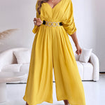 Deep V-Neck Ruched Three Quarters Sleeve Backless Overalls Casual Waist-Gathered Tied Detail Jumpsuit without Belt