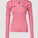 Crewneck Half Zipper Flap Detail Knit Sweater Long Sleeve Slim Fit Ribbed Pullover Top
