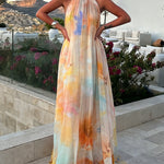 CHICME Women's Tie Dye Print Chiffon Maxi Dress Halter Neck Backless Tied Flowy A-Line Long Dress for Vacation