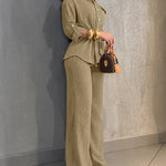 2 Pieces Outfit Vintage Turn-down Collar Roll Up Sleeve Button Front Flap Pocket Design Waist Drawstring Top and Elastic Waist Wide Leg Pants Set Casual Textured Commuting Set