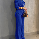 2 Pieces Outfit Vintage Turn-down Collar Roll Up Sleeve Button Front Flap Pocket Design Waist Drawstring Top and Elastic Waist Wide Leg Pants Set Casual Textured Commuting Set