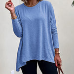 Women's Asymmetric Hem Long Sleeve Top Loose Fit Dropped Shoulder Crewneck Soft Slouchy Casual Tee