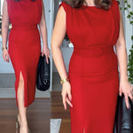 Round Neck Sleeveless Waist Ruched Slit Dress