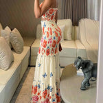 Floral & Butterfly Print Frill Trim Bandeau Tied Detail Ruched Mermaid Hem Dress Elegant Cutout Front Shirred Ruffle Hem Vacation Dress