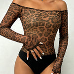 Allover Rhinestone Decor Leopard Print Off Shoulder Long Sleeve Slim Fit Sheer Mesh Bodysuit with Thumb Hole Cuffs