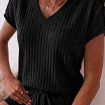 Women's Ribbed Knit 2 Piece Outfits V Neck Short Sleeve Top and Drawstring Shorts Set Casual Lounge Suits with Pockets