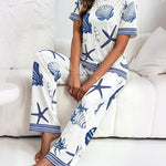 Women's 2 Piece Ocean Style Print Lounge Sets Short Sleeve T Shirt and High Waisted Wide Leg Pants Pajamas Sets with Pockets