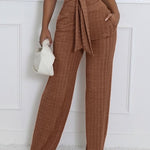 Women's Ribbed 2 Piece Outfits Tied Waist Crop Top and Straight Leg Pants Set Casual Matching Set with Pockets