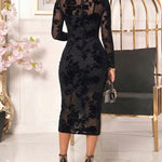 Women's Flocked Floral Mesh Dress Set Mock Neck Long Sleeve Bodycon Dress Sheer Lace Party Midi Dress with Camisole Slip Dress