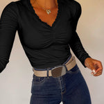Women's Lace V Neck Ruched T Shirt Slim Fit Long Sleeve Tee Casual Elegant Top