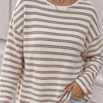 Women's Striped Textured Knit Long Sleeve T-Shirt Casual Side Slit Loose Fit Top