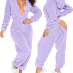 3D Ear Buttoned Flap Functional Fluffy Lounge Jumpsuit