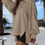 Half Snap Button Front Drop Shoulder Batwing Sleeve Sweatshirt Loose Fit Side Slit High-Low Hem Casual Top