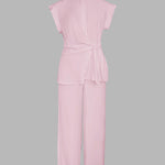 2 Pieces Outfit Turn-down Collar Cap Sleeve Button Front Tied Detail Top and Casual Zipper Fly Elastic Back Waist Wide-Leg Pants Set