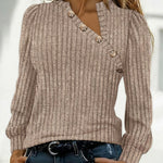 Button Decor Asymmetrical V-Neck Long Sleeve Ribbed Tee Casual Knit Brushed Top