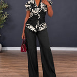 Women's 2 Piece Outfit Floral Print Twist Front V Neck Top and High Waist Wide Leg Pants Set