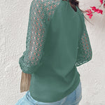 Contrast Lace Round Neck Lantern Sleeve Ruched Blouse Elegant Shirt