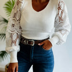 Women's V Neck Knit Top Lace Lantern Long Sleeve Pullover Ribbed Slim Fit Casual Sweater