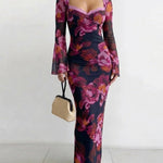 Women's Vintage Floral Mesh Dress Lace Trim Sweetheart Neck Flare Sleeve Bodycon Maxi Dress Mermaid Party Gown