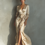 Women's Champagne-colored Wrap-around Tie-waist Maxi Dress