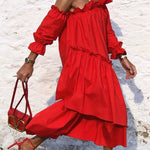 Fionna Off Shoulder Ruffle Irregular Trim Loose Midi Dress