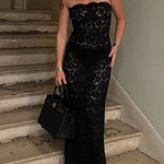 Margovil Strapless Lace Hollow Out Bodycon Maxi Dress