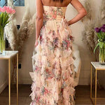 Strapless Floral Print Ruffle Layered Maxi Dress